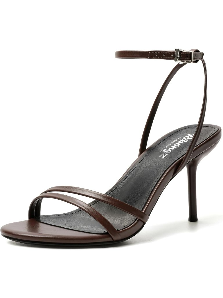Women's Brown Round Open Toe Strappy Stiletto Heels With Ankle Strap Sandals